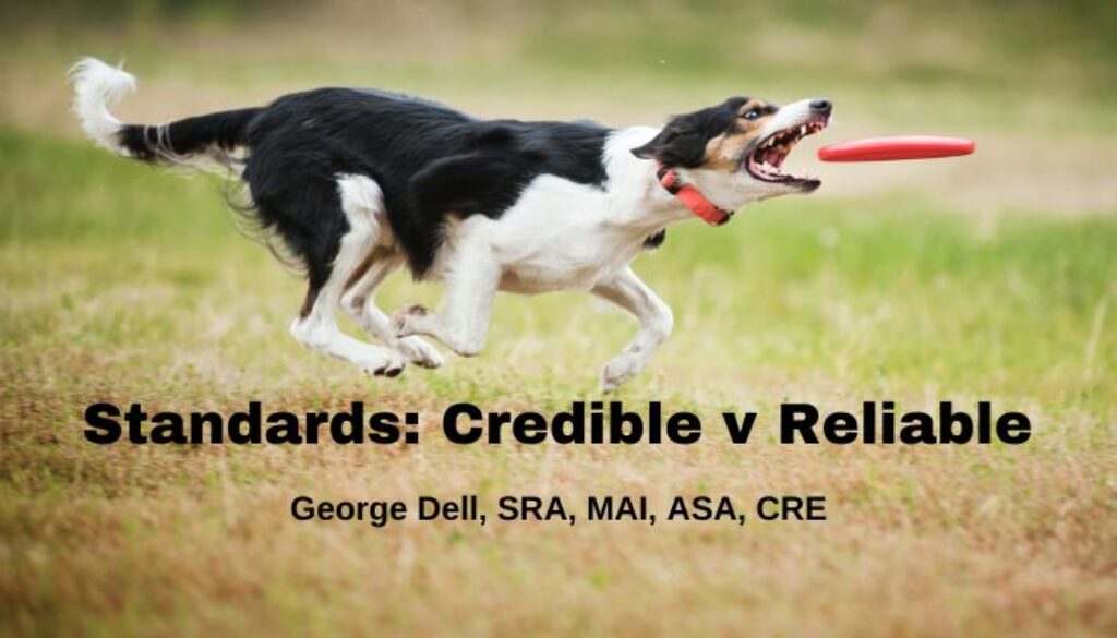 Border Collie chasing a frisbee behind text: Standards Credible v Reliable by George Dell, SRA, MAI, ASA, CRE