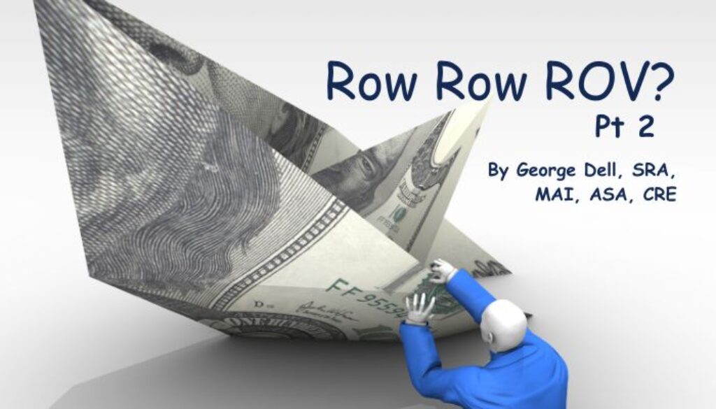 A figure clutching the side of a sinking paper boat. Text Reads: Row Row ROV? Pt 2 by George Dell, SRA, MAI, ASA, CRE