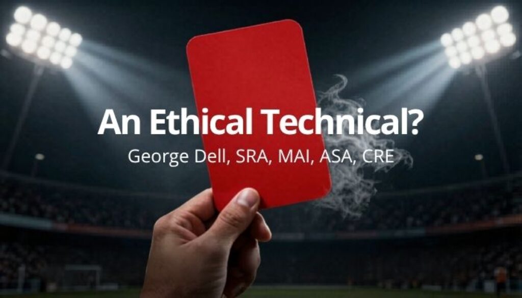 Graphic of a soccer red card with the text: An Ethical Technical? George Dell, SRA, MAI, ASA, CRE
